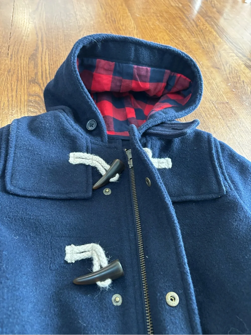 Baby GAP - Navy wool blend Pea Coat with Toggles and Red Plaid hood Lining